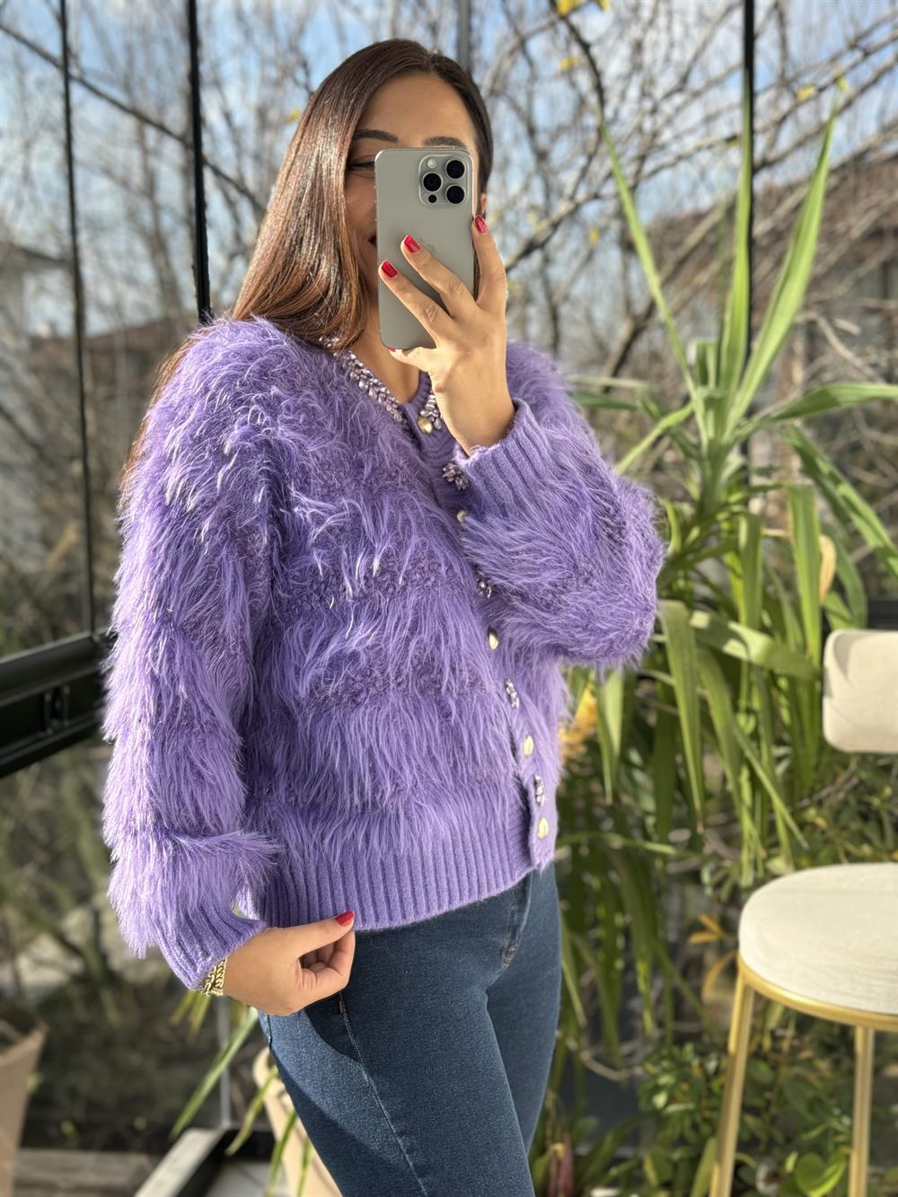 İthal Yün Taşlı Hırka Mor