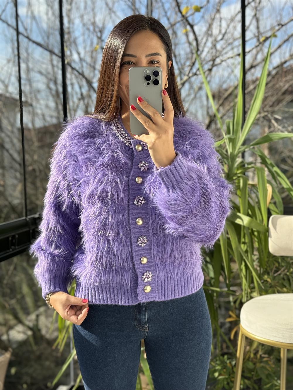 İthal Yün Taşlı Hırka Mor