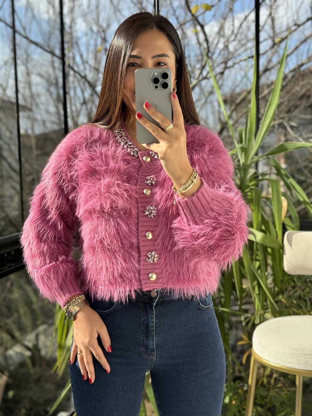 İthal Yün Taşlı Hırka Pembe