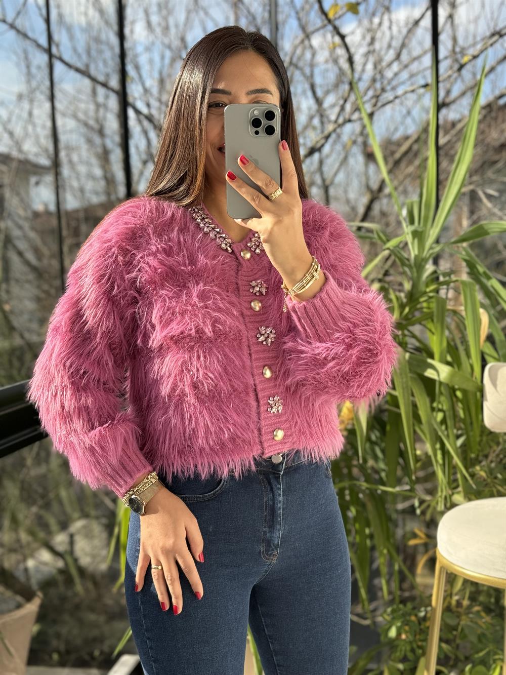 İthal Yün Taşlı Hırka Pembe