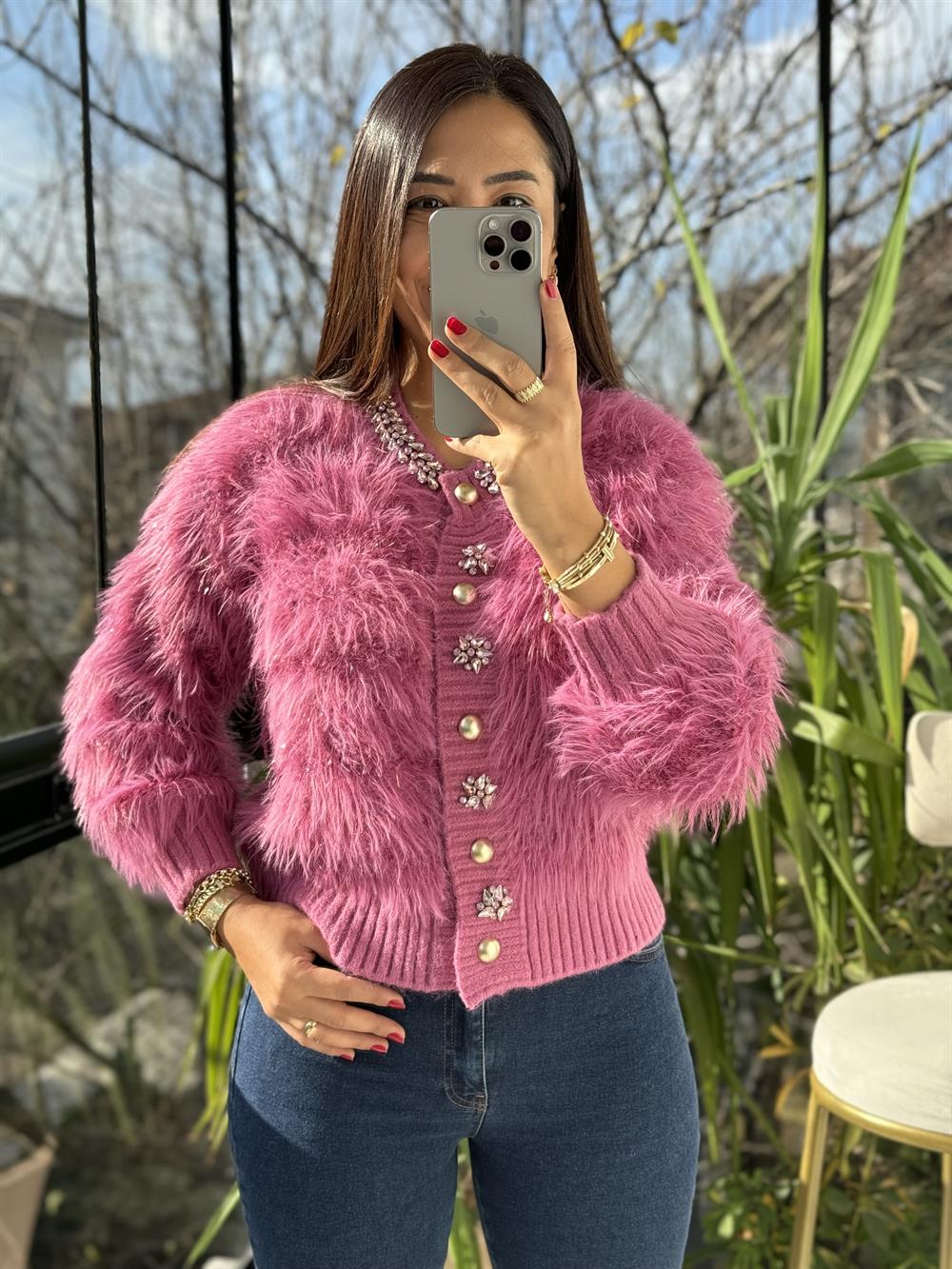 İthal Yün Taşlı Hırka Pembe