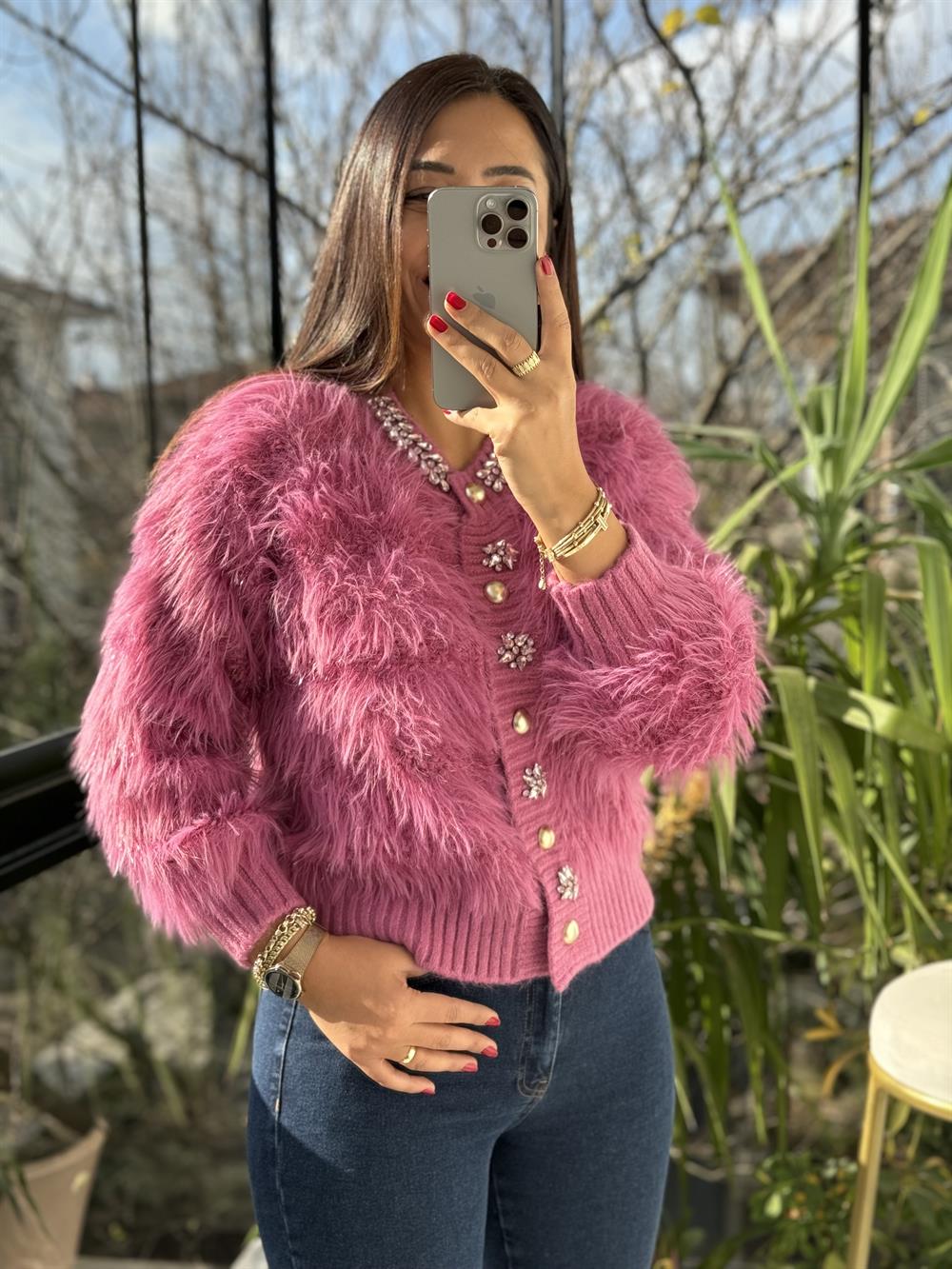 İthal Yün Taşlı Hırka Pembe