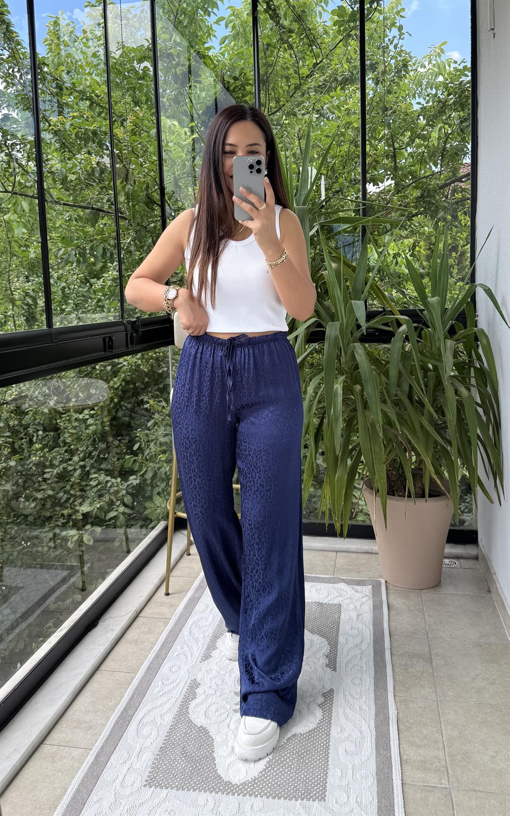 Jakarlı Bol Paça Pantolon Lacivert