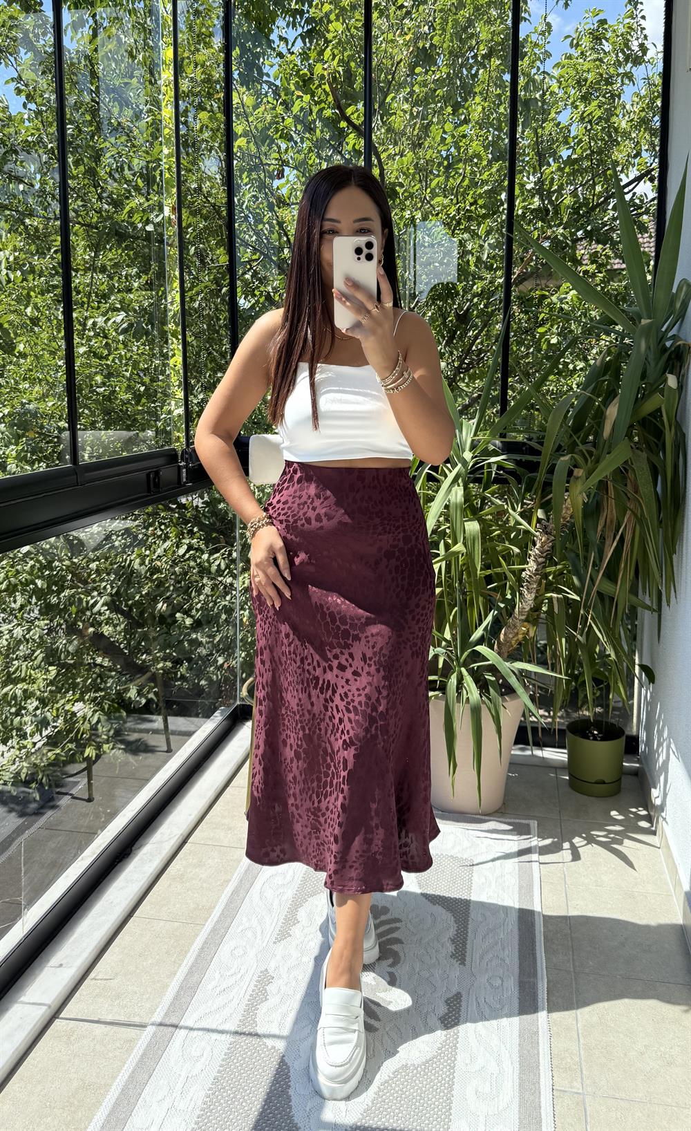 Jakarlı Saten Etek Mürdüm