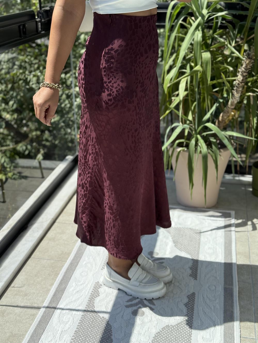 Jakarlı Saten Etek Mürdüm