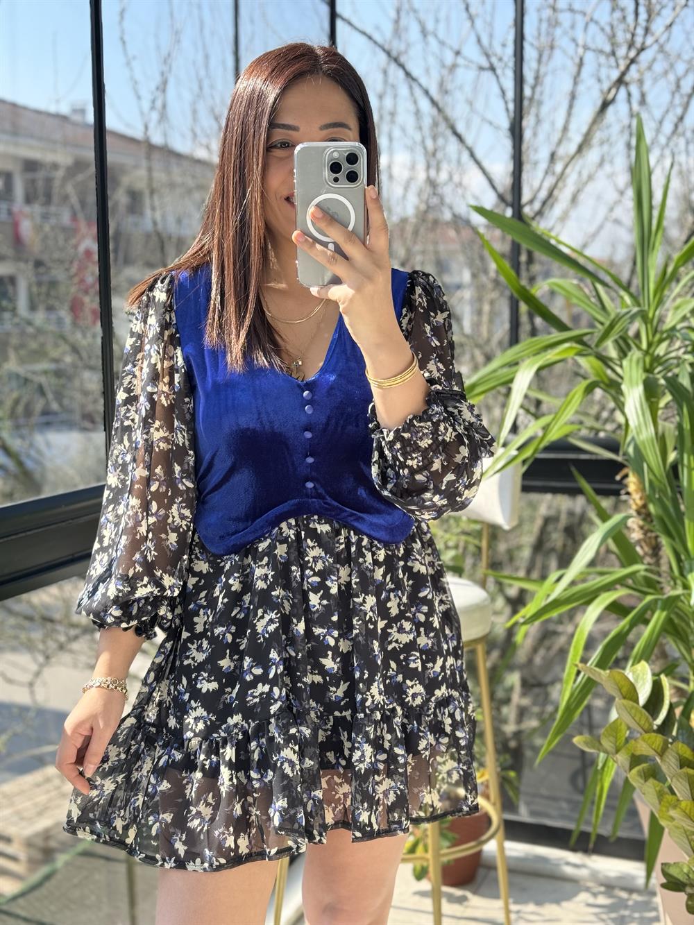 Kadife Detaylı Elbise Sax Mavi