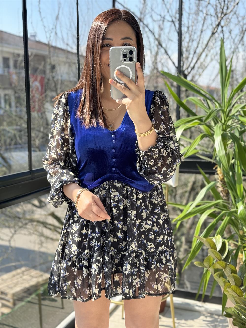 Kadife Detaylı Elbise Sax Mavi