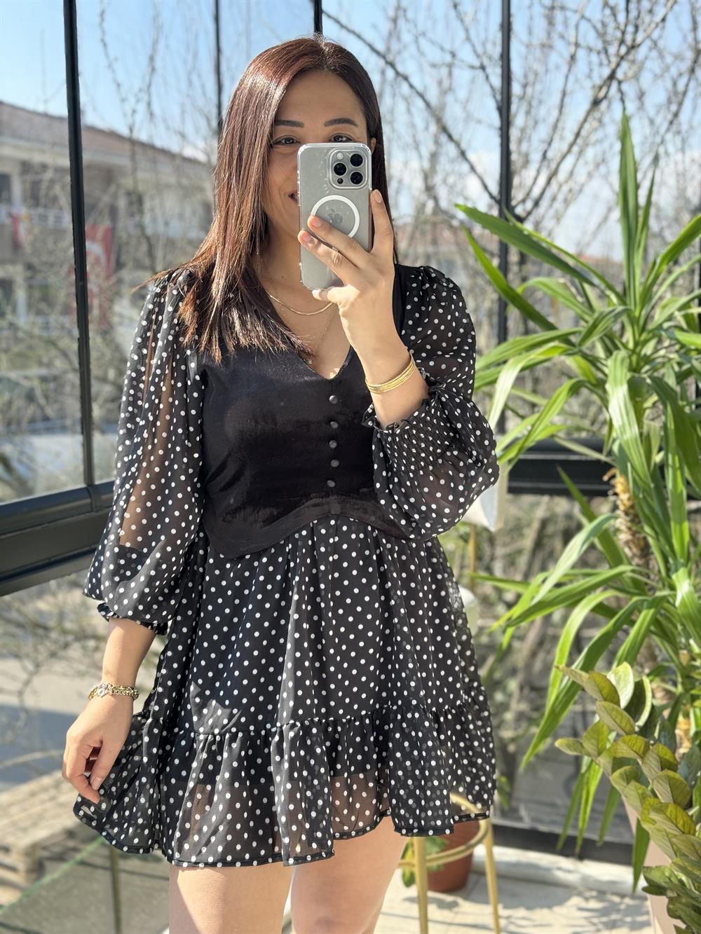 Kadife Detaylı Elbise Siyah