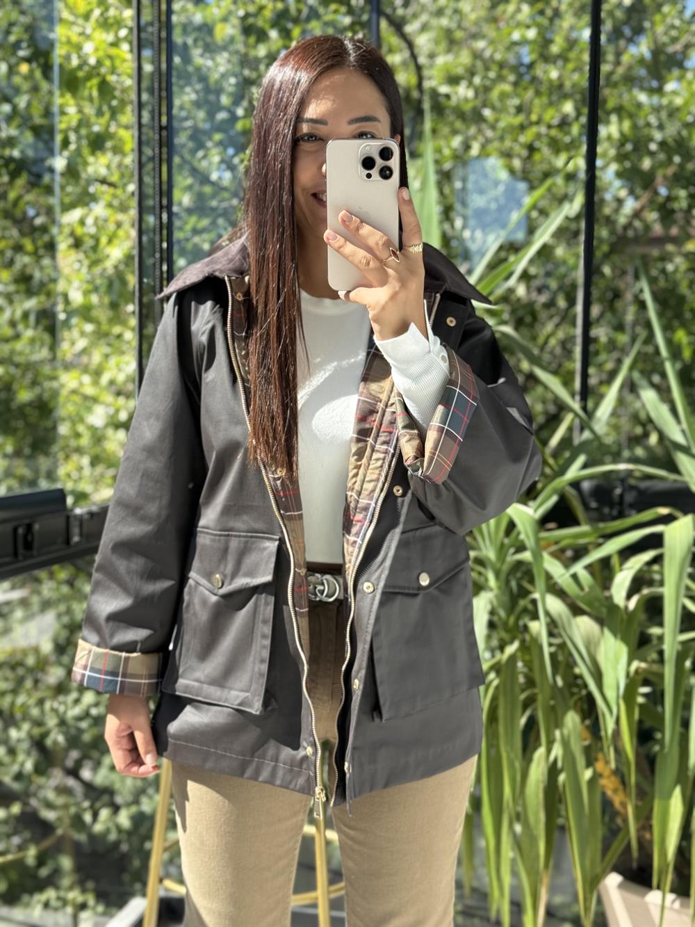 Kadife Yaka Parka Yağmurluk Ceket Koyu Kahve