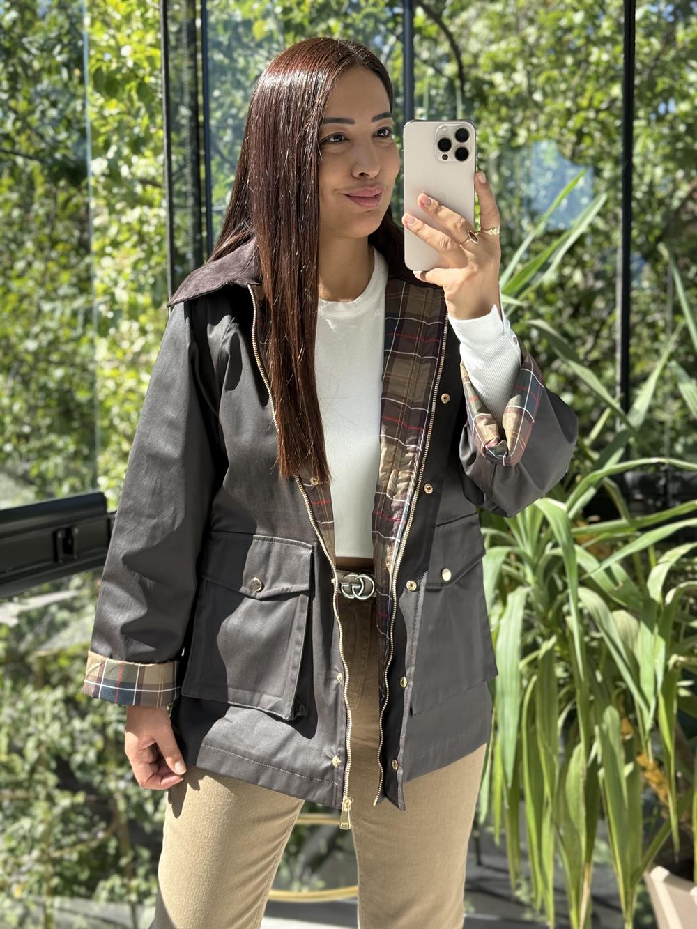 Kadife Yaka Parka Yağmurluk Ceket Koyu Kahve