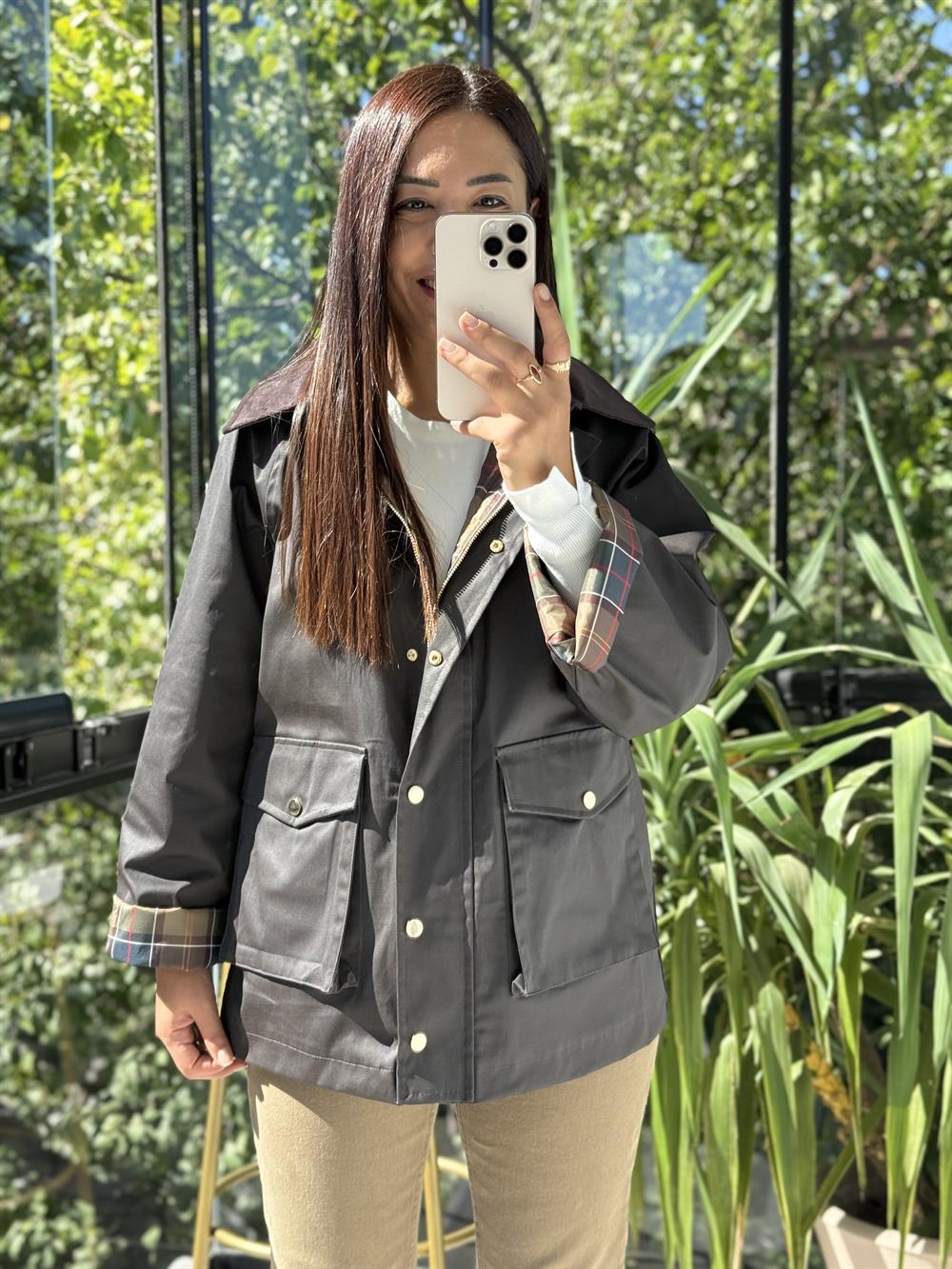 Kadife Yaka Parka Yağmurluk Ceket Koyu Kahve