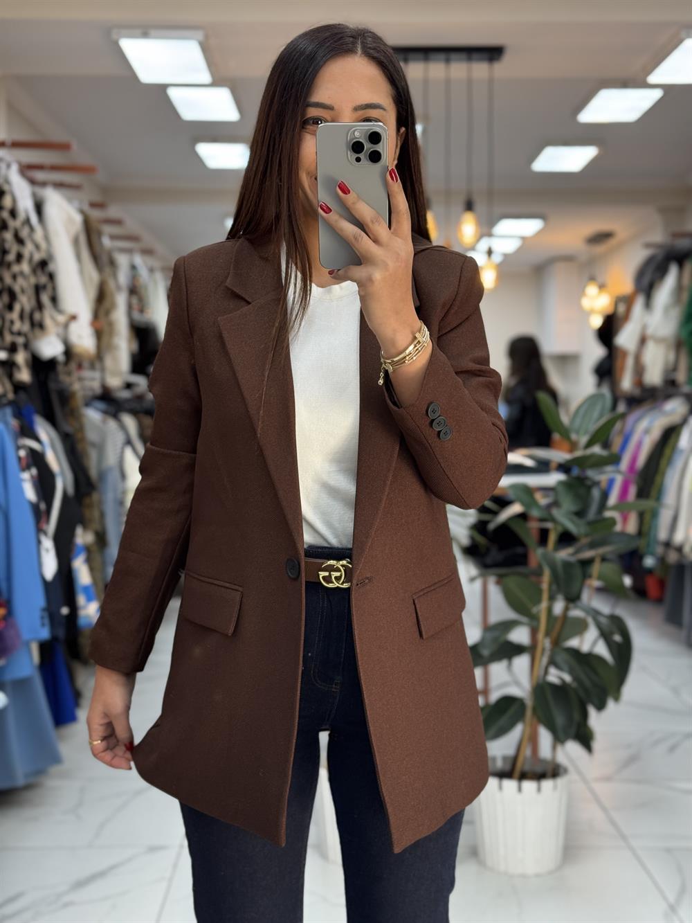 Yün Efekt Kumaş Blazer Ceket Kahve 