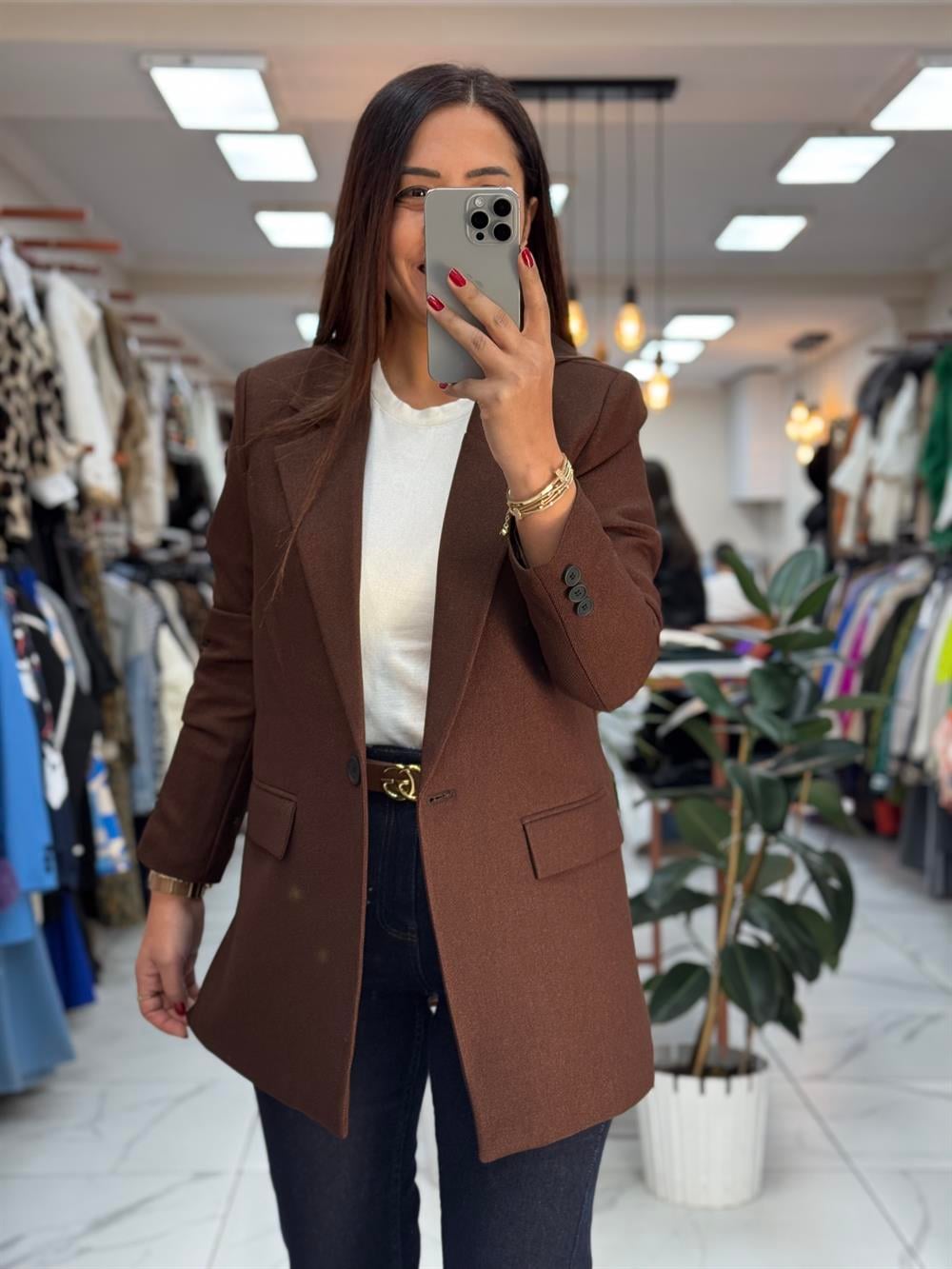 Yün Efekt Kumaş Blazer Ceket Kahve 