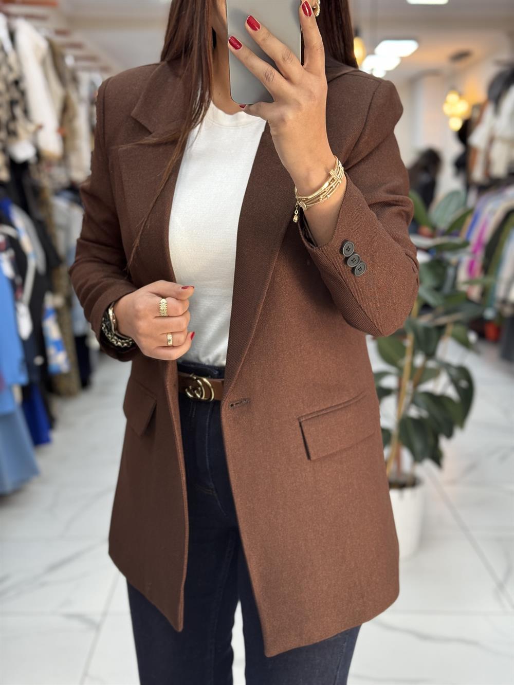 Yün Efekt Kumaş Blazer Ceket Kahve 