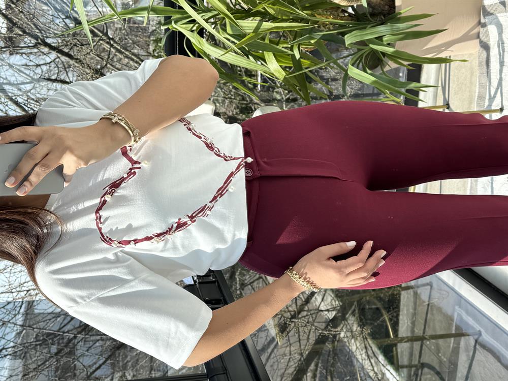 Kalp İncili Tişört Bordo