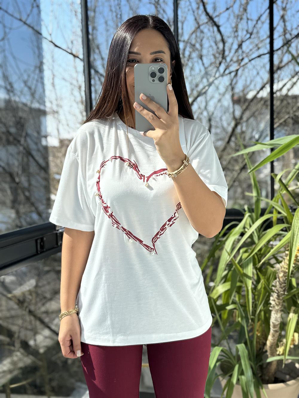 Kalp İncili Tişört Bordo