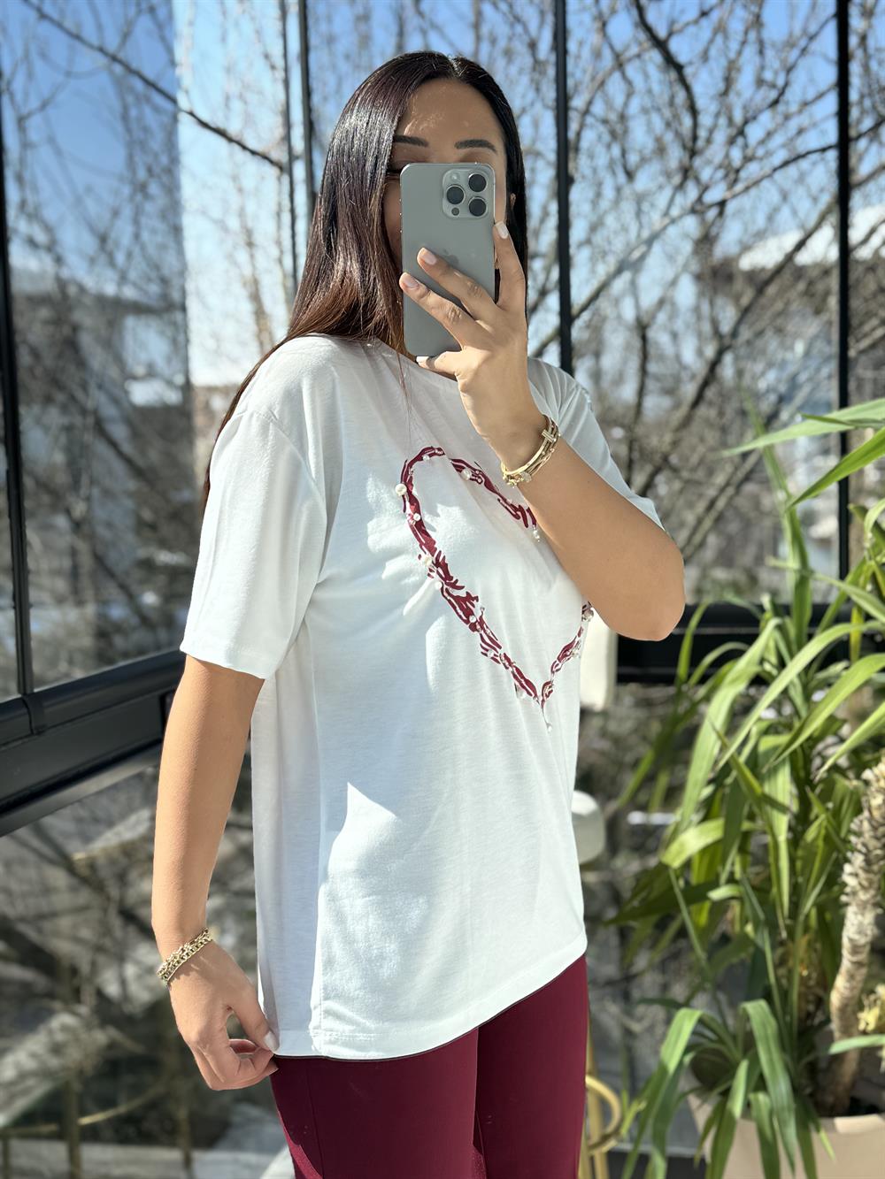 Kalp İncili Tişört Bordo