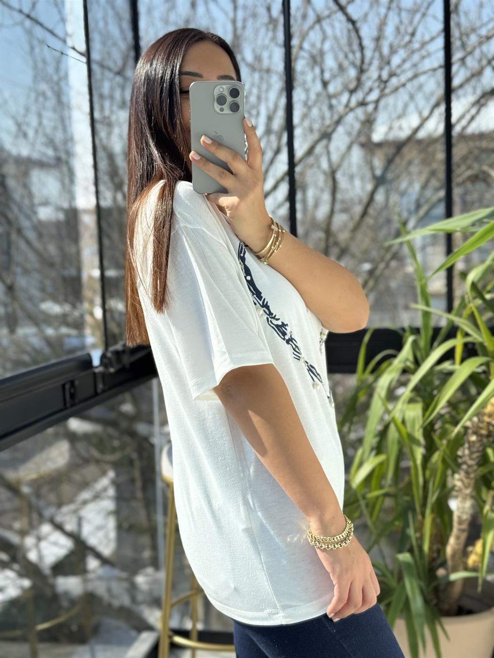 Kalp İncili Tişört Lacivert