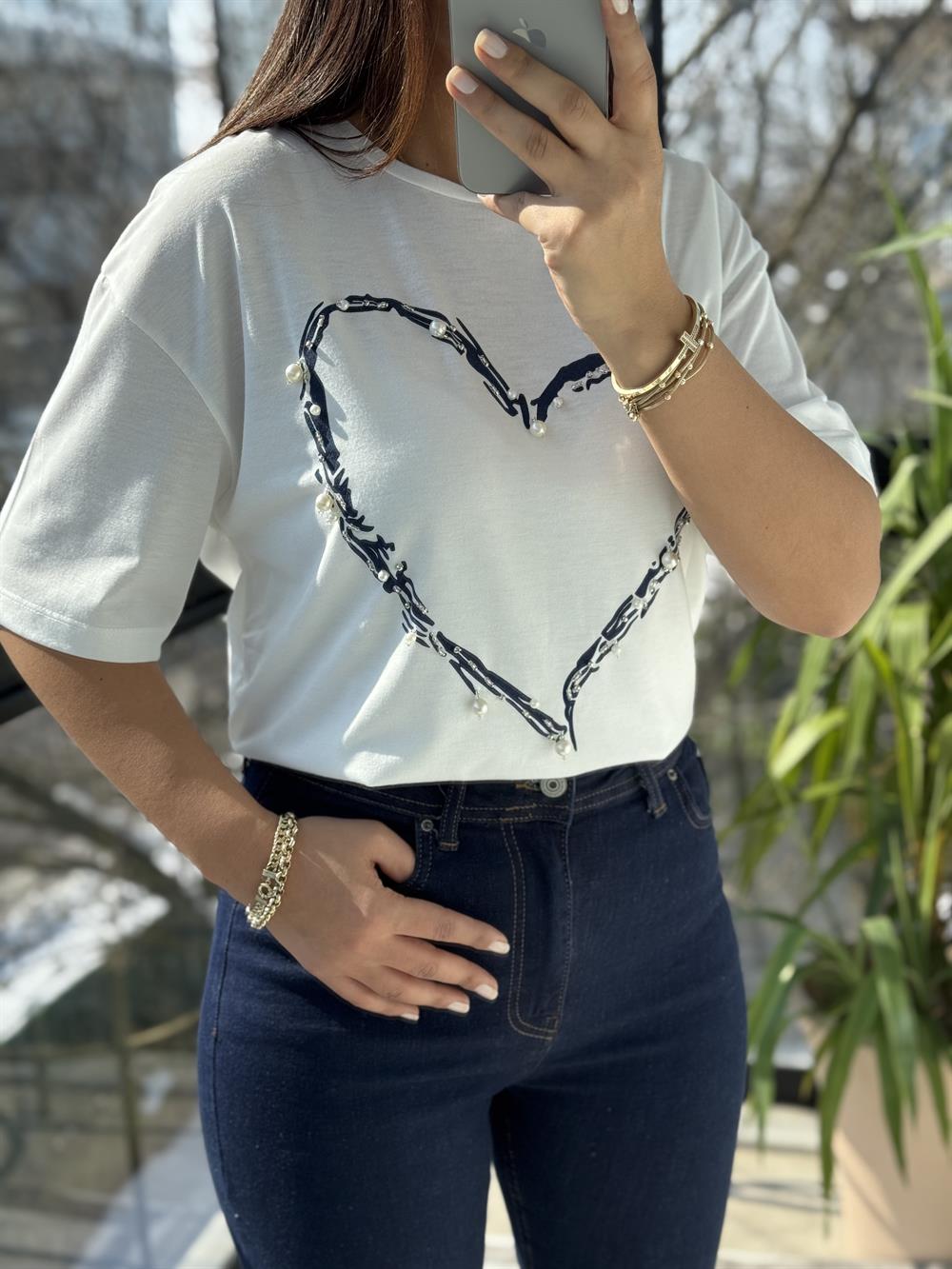 Kalp İncili Tişört Lacivert