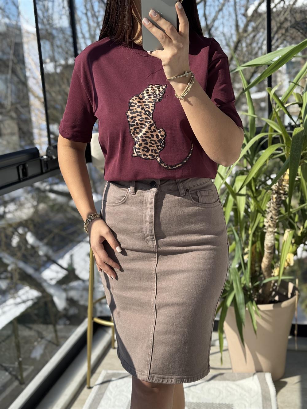 Kaplanlı Pamuklu Tişört Bordo