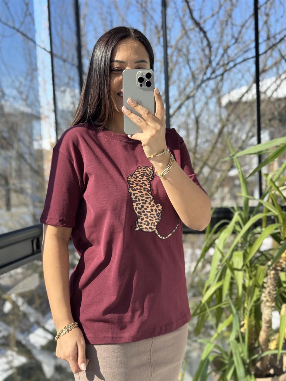 Kaplanlı Pamuklu Tişört Bordo