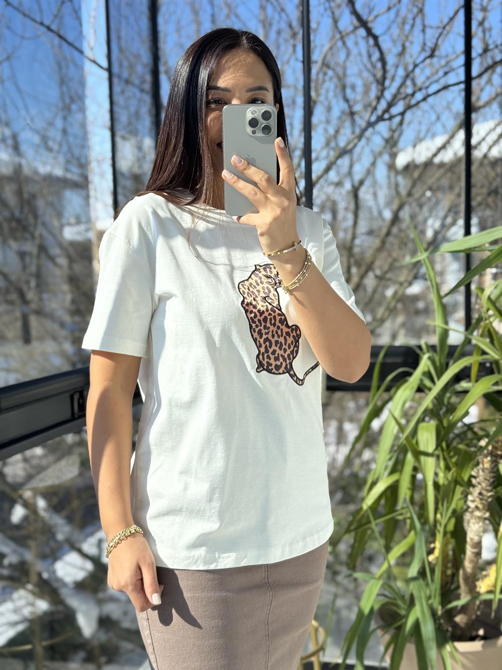 Kaplanlı Pamuklu Tişört Ekru