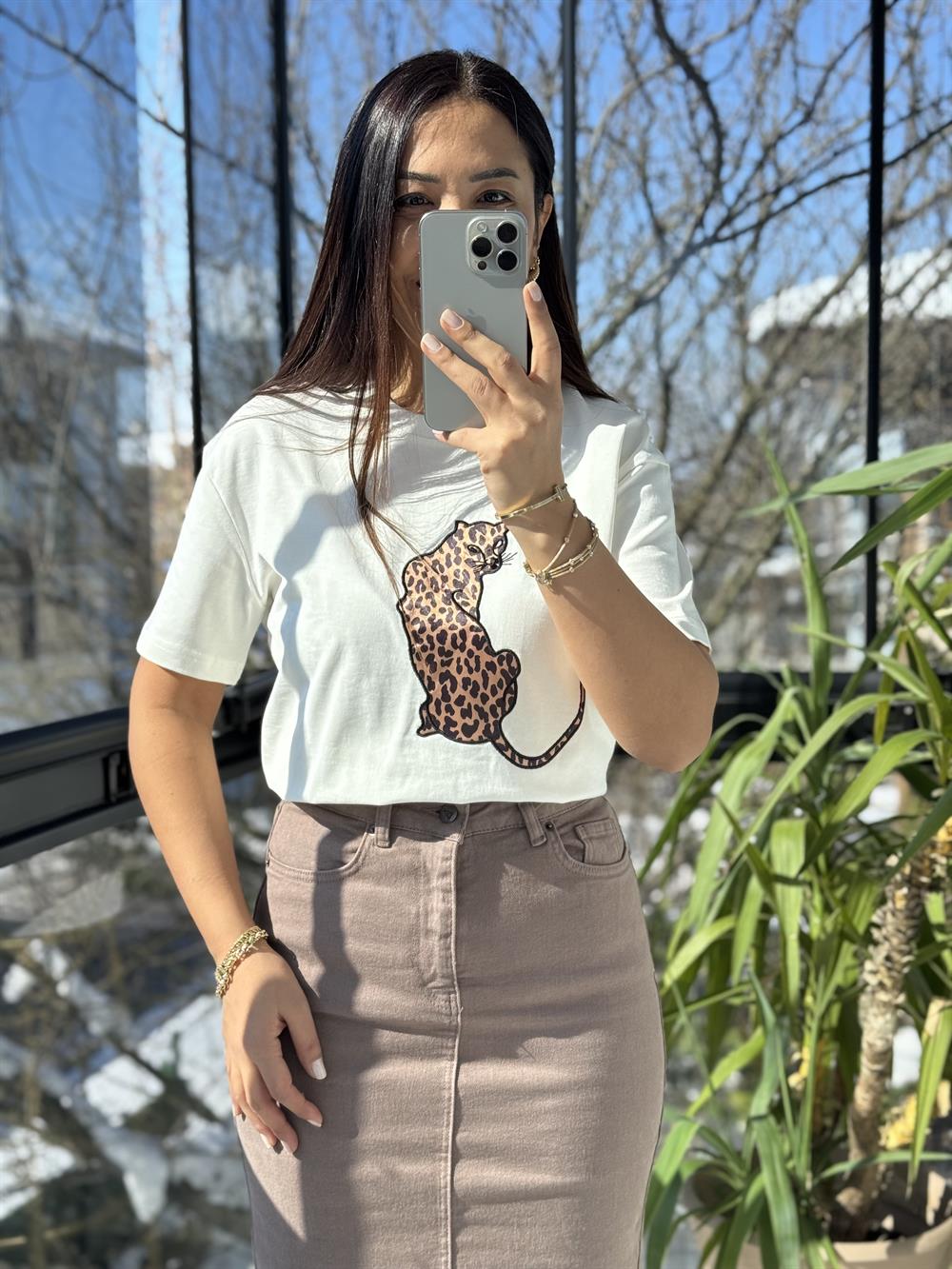 Kaplanlı Pamuklu Tişört Ekru