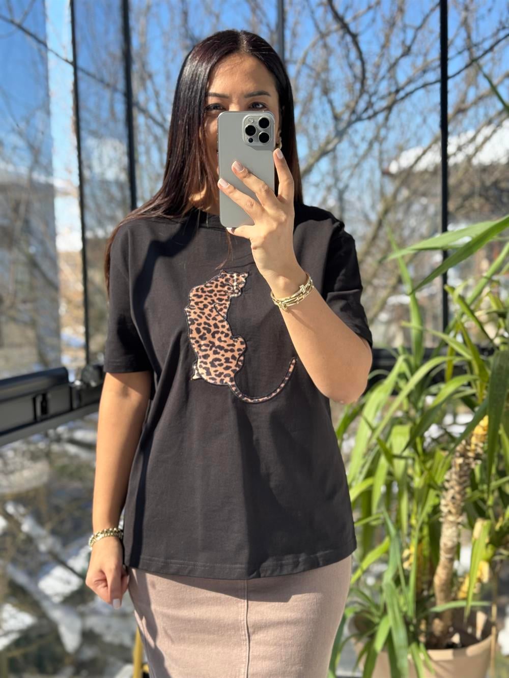 Kaplanlı Pamuklu Tişört Siyah