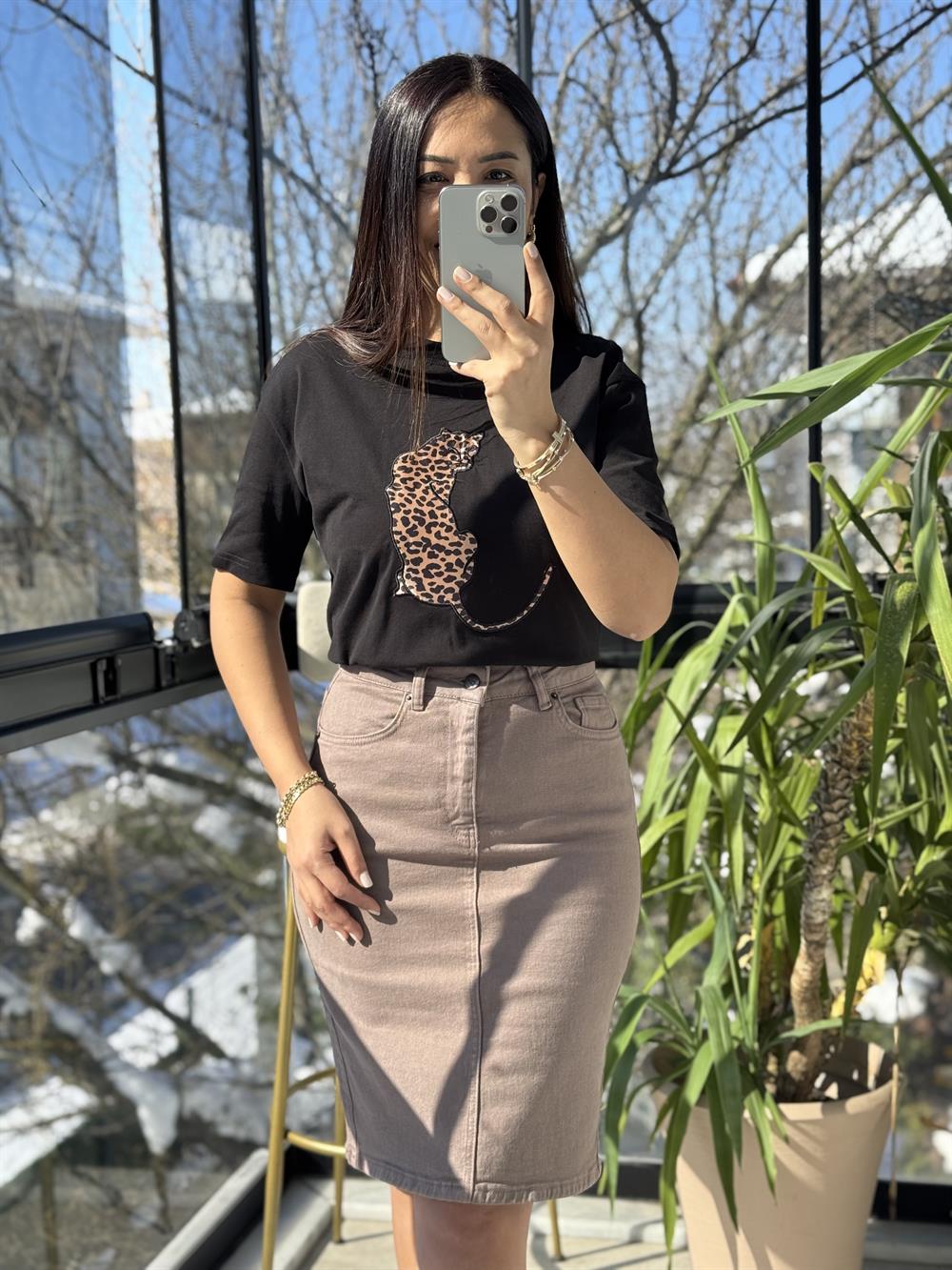 Kaplanlı Pamuklu Tişört Siyah