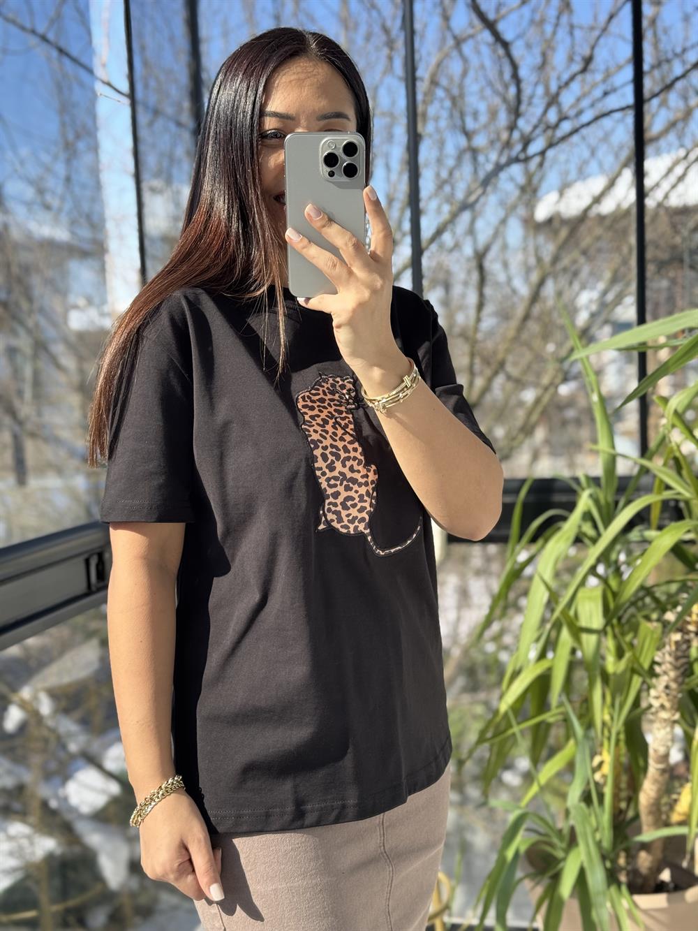 Kaplanlı Pamuklu Tişört Siyah