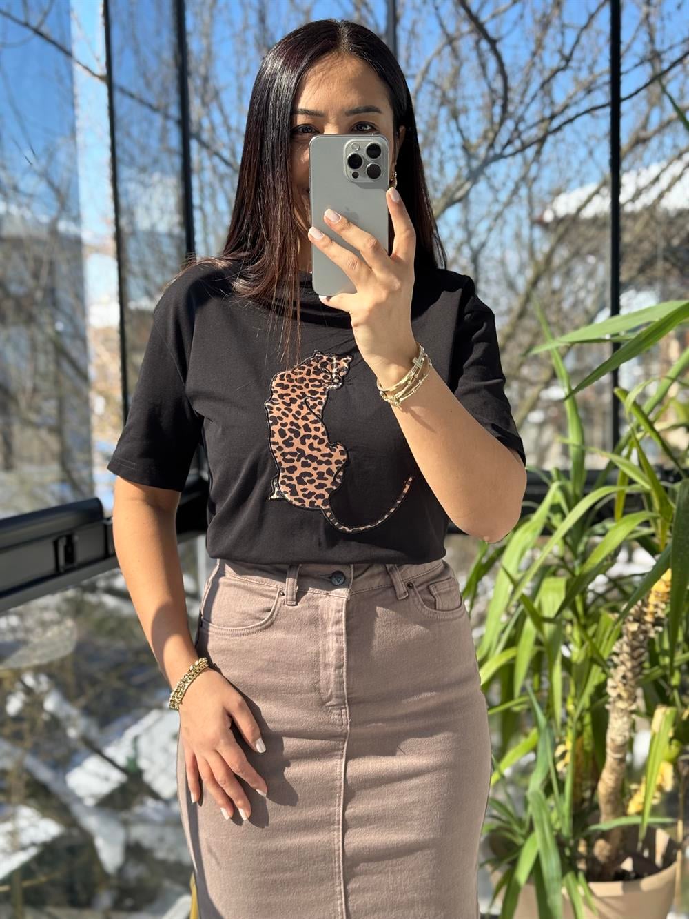 Kaplanlı Pamuklu Tişört Siyah