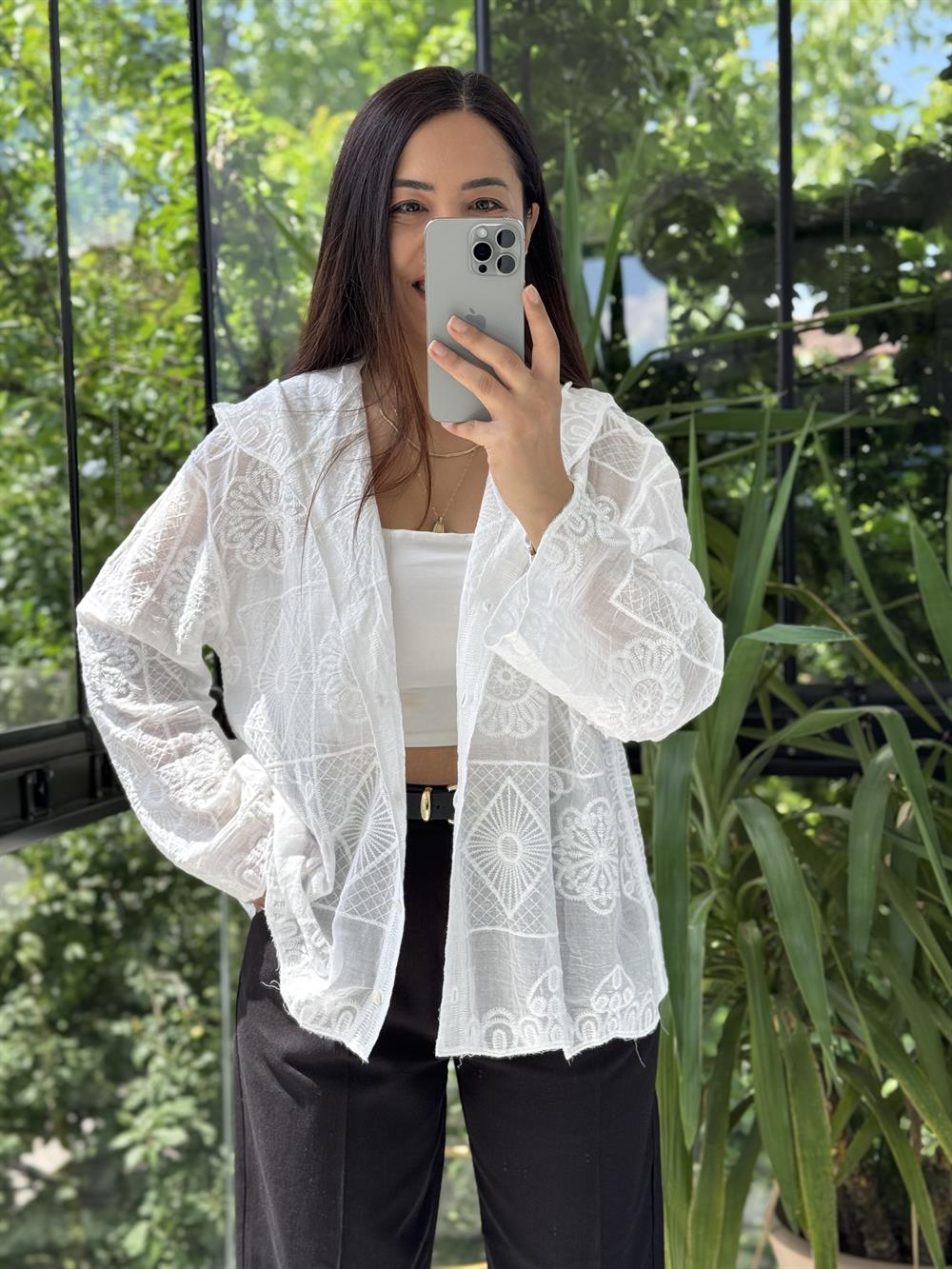 Kapşonlu Desenli işlemeli Hırka Beyaz