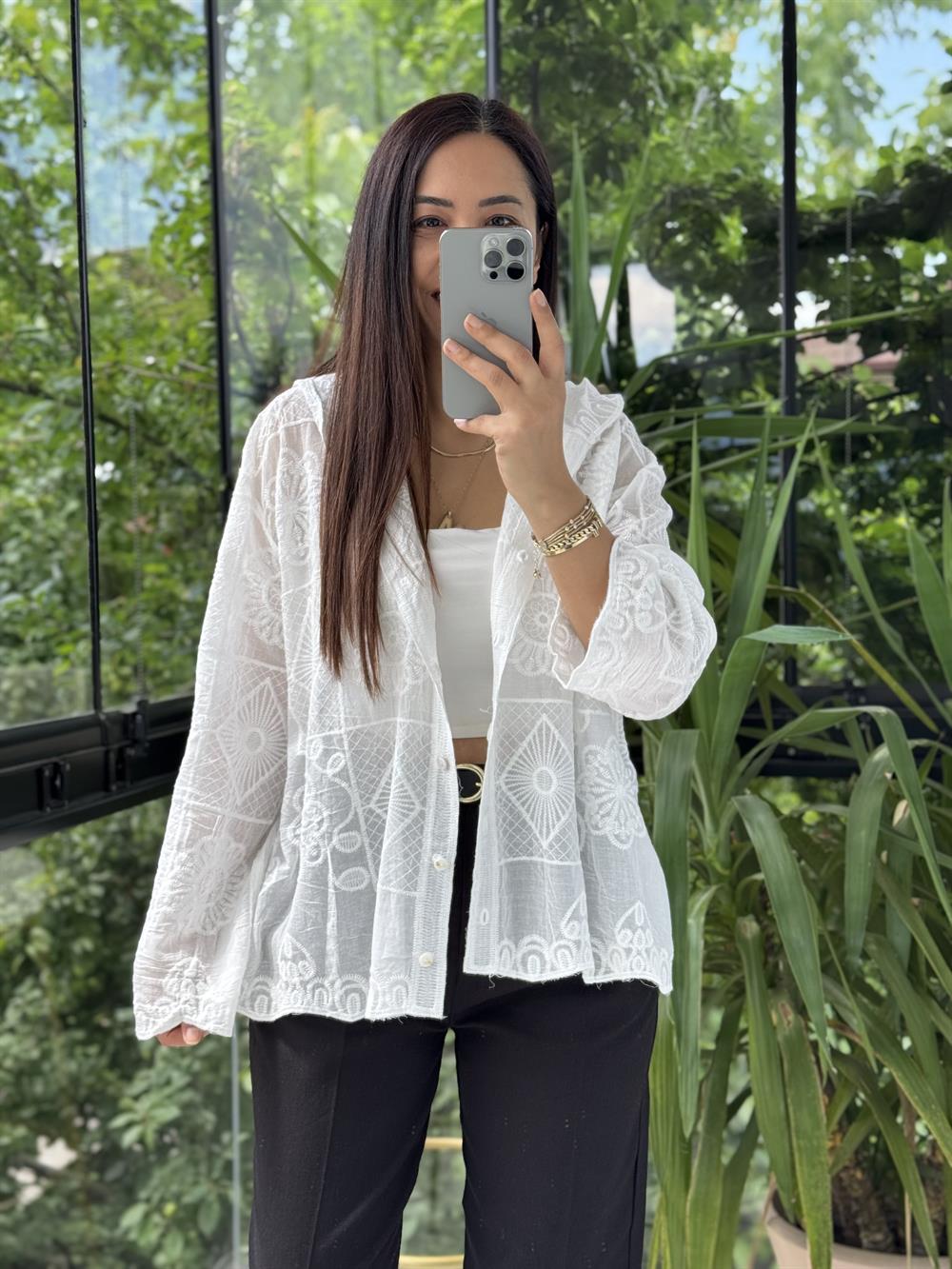 Kapşonlu Desenli işlemeli Hırka Beyaz