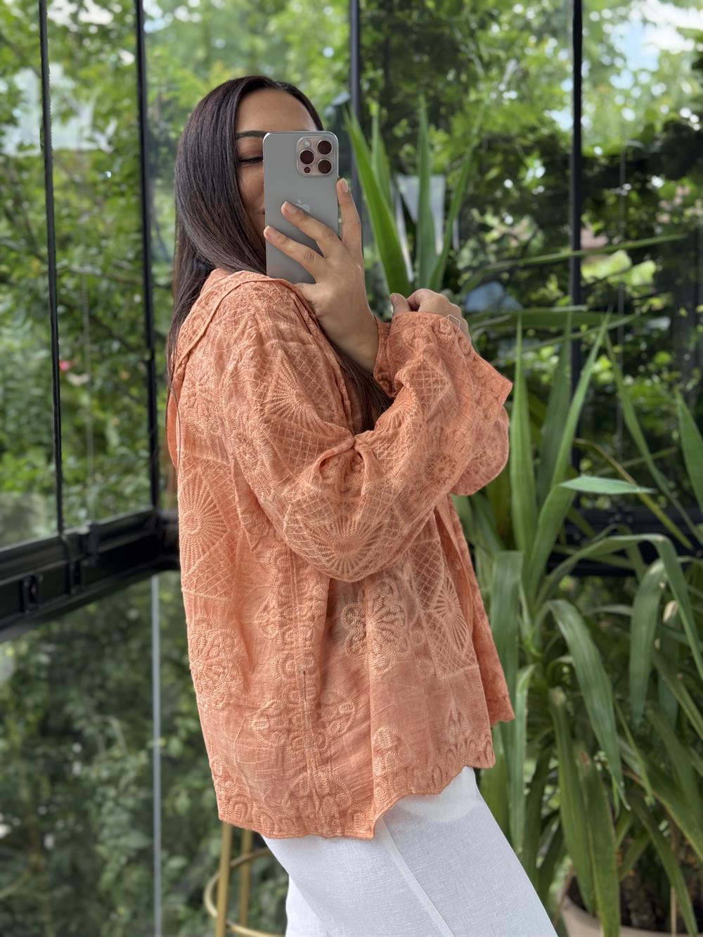 Kapşonlu Desenli işlemeli Hırka Turuncu