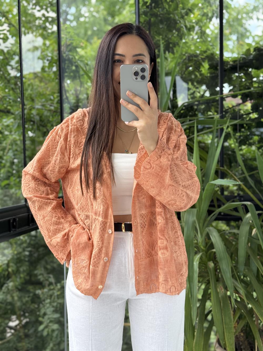 Kapşonlu Desenli işlemeli Hırka Turuncu