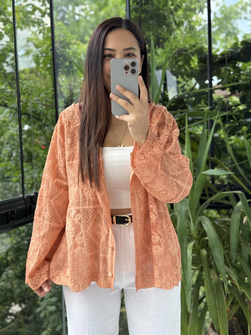 Kapşonlu Desenli işlemeli Hırka Turuncu