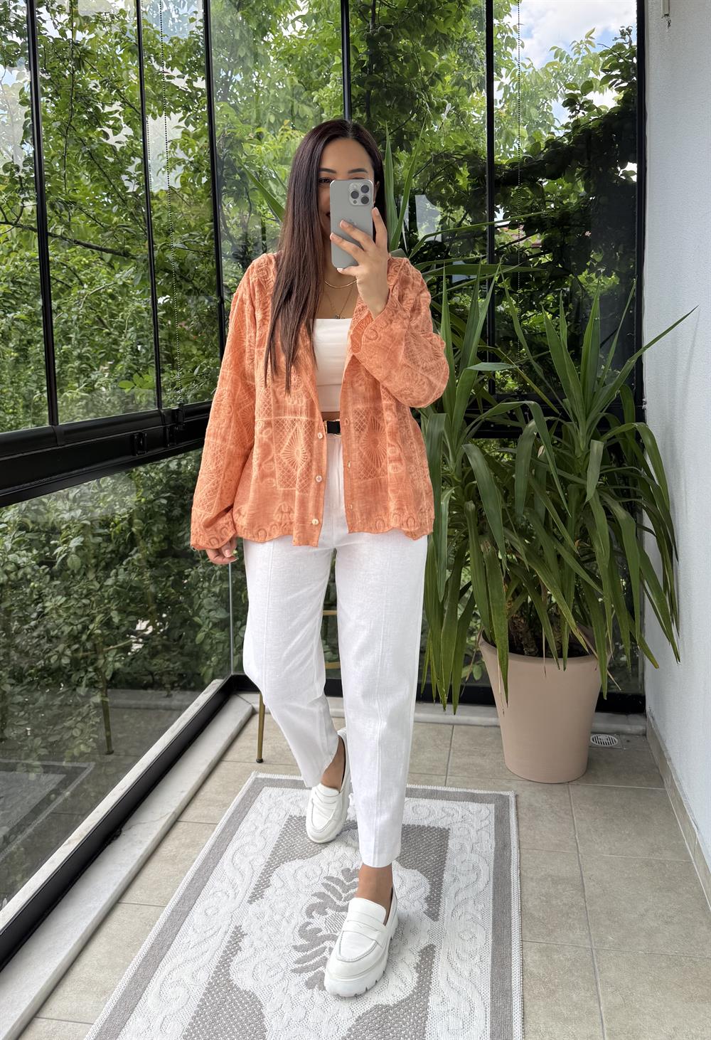 Kapşonlu Desenli işlemeli Hırka Turuncu