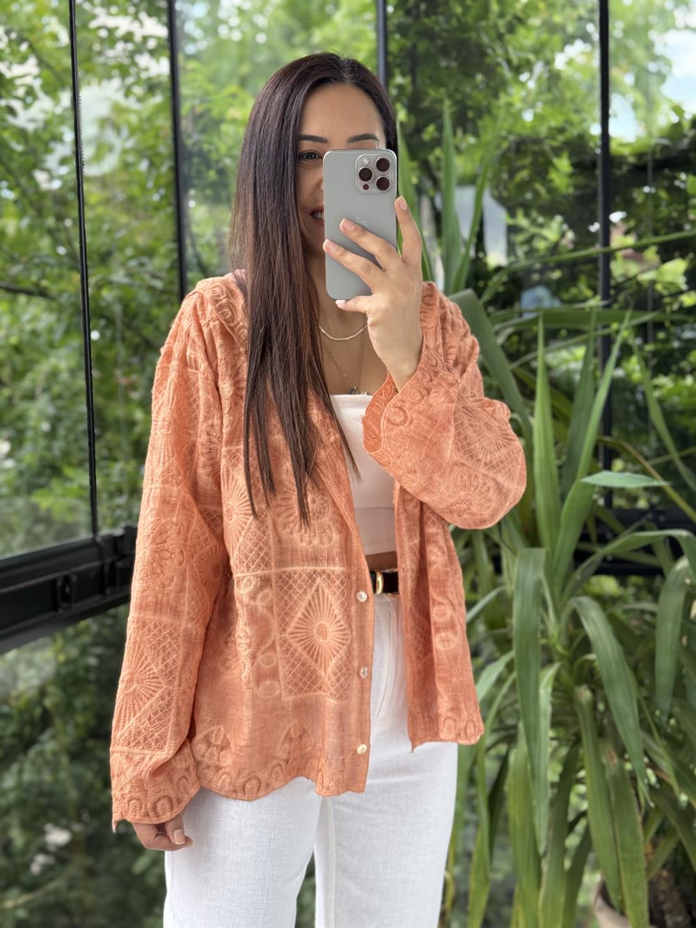 Kapşonlu Desenli işlemeli Hırka Turuncu