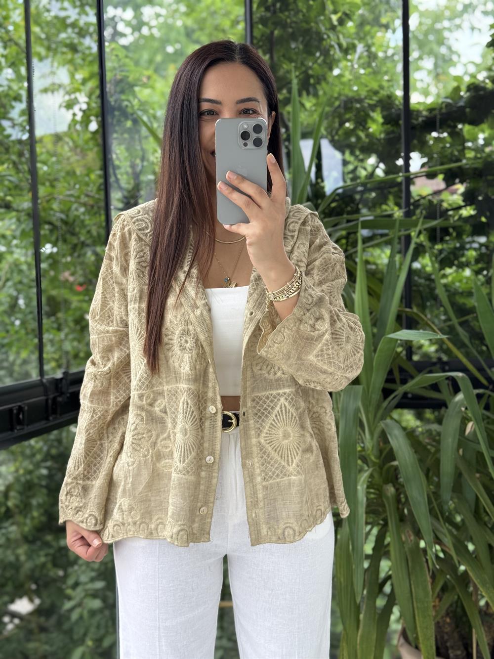 Kapşonlu Desenli işlemeli Hırka Vizon