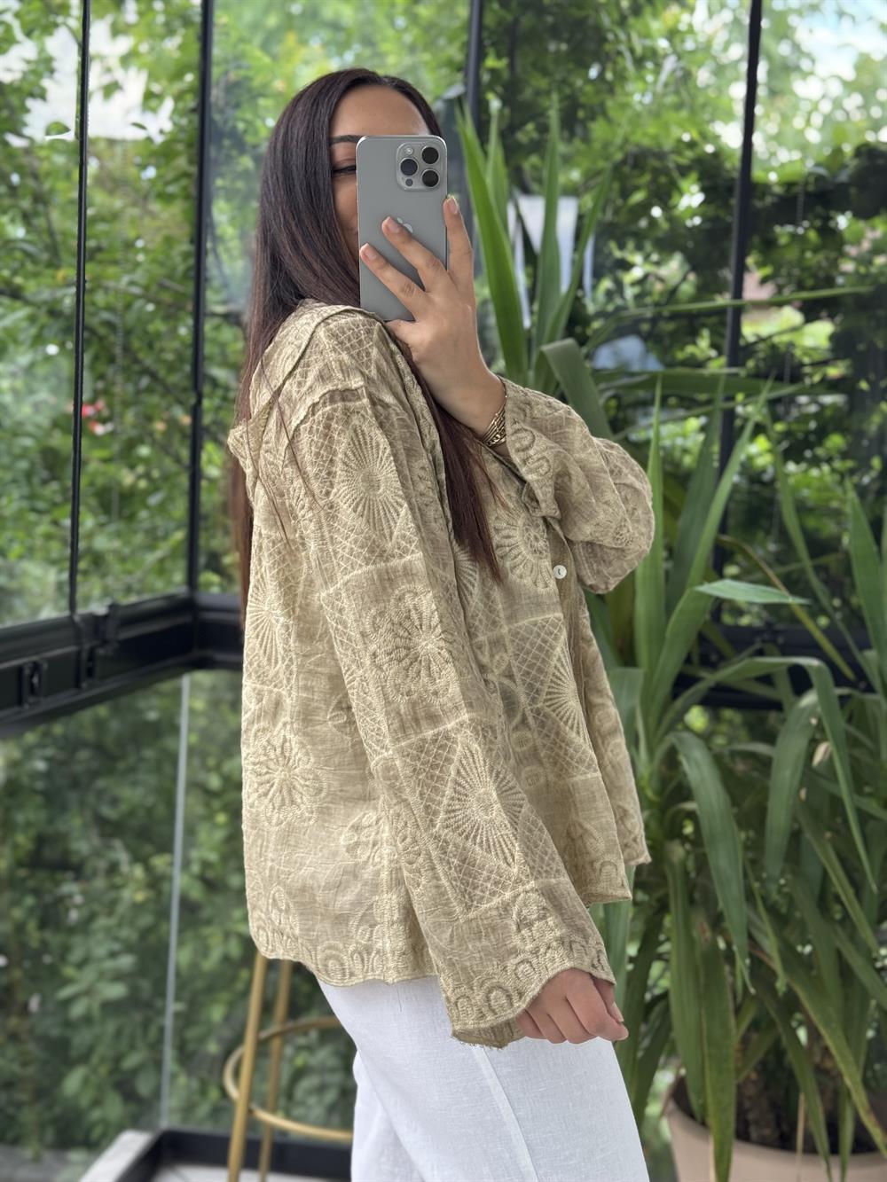 Kapşonlu Desenli işlemeli Hırka Vizon