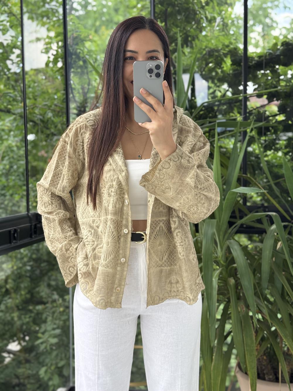 Kapşonlu Desenli işlemeli Hırka Vizon