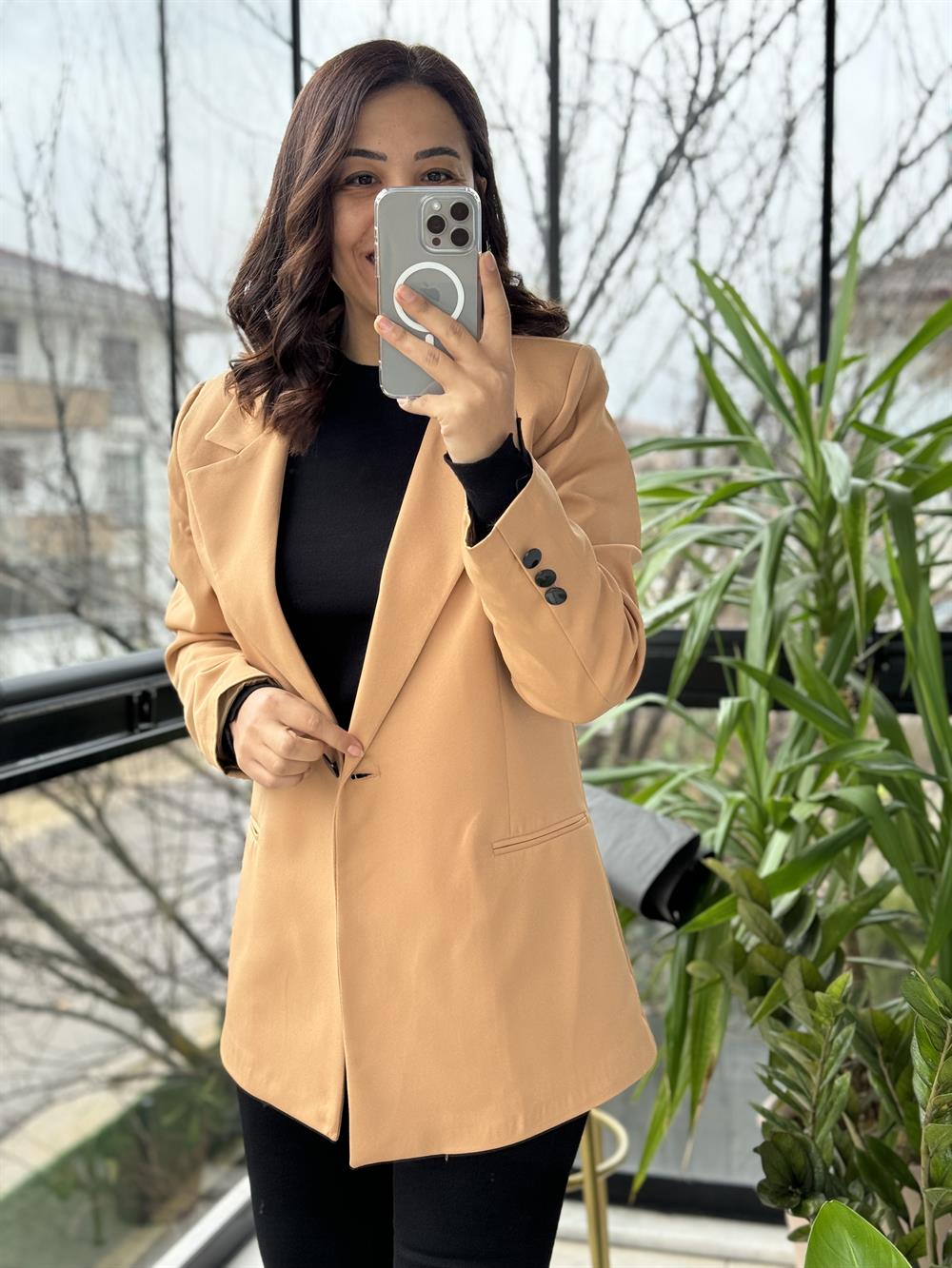 Karamel Tek Düğme Slimfit Blazer Ceket