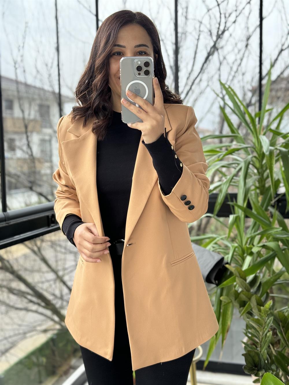 Karamel Tek Düğme Slimfit Blazer Ceket