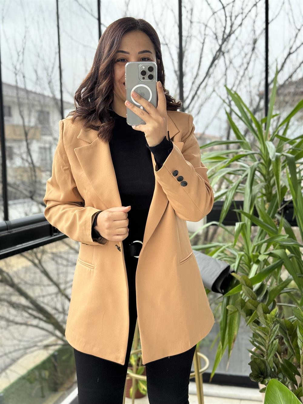 Karamel Tek Düğme Slimfit Blazer Ceket