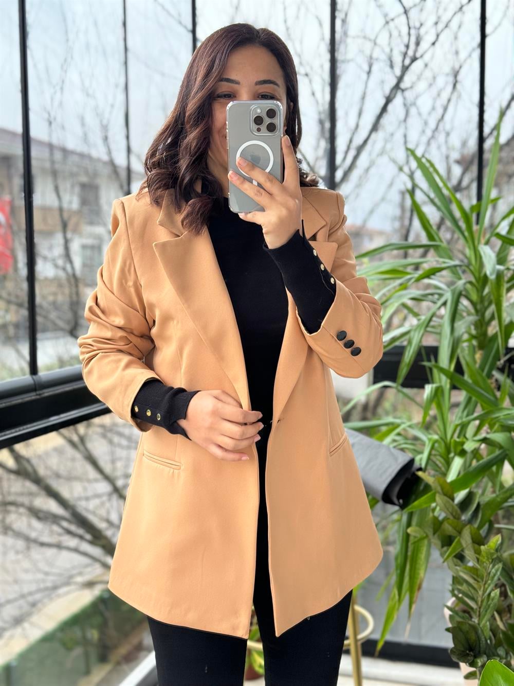 Karamel Tek Düğme Slimfit Blazer Ceket