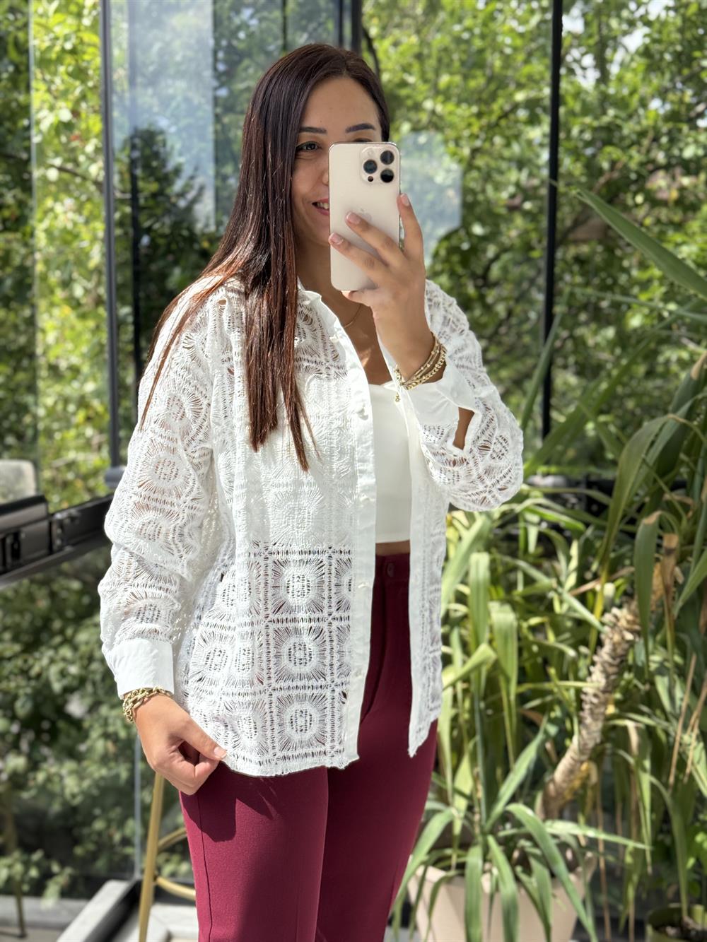 Kare Dantelli Gömlek Beyaz