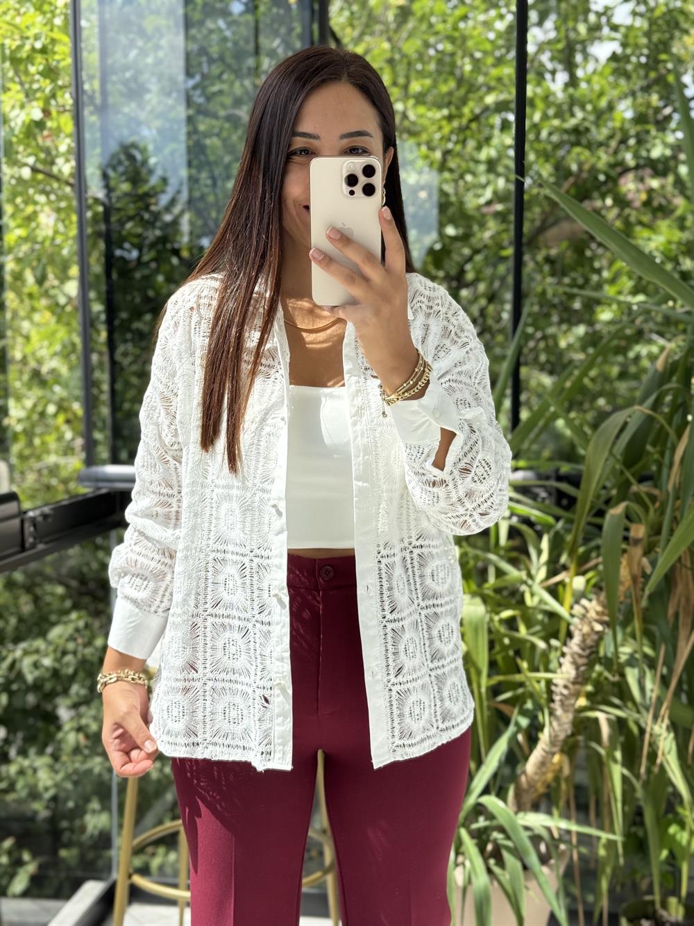 Kare Dantelli Gömlek Beyaz