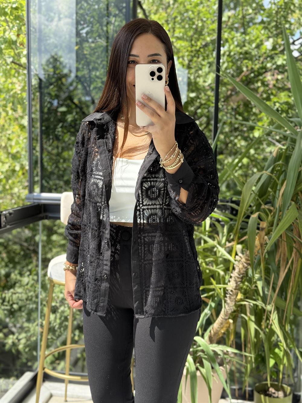 Kare Dantelli Gömlek Siyah