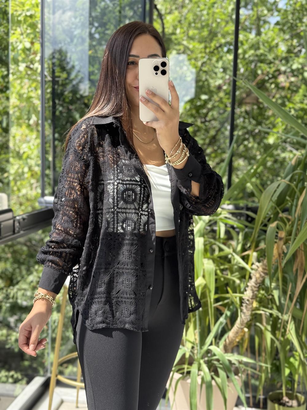 Kare Dantelli Gömlek Siyah