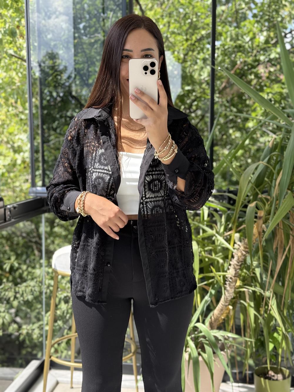 Kare Dantelli Gömlek Siyah